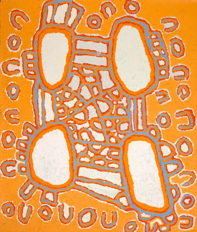 Australian Indigenous (Aboriginal and Torres Strait Islander) artwork by KUTUNGKA NAPANANGKA of Papunya Tula Artists. The title is Yulkarpa. [KN1006099] (Acrylic on Belgian Linen)