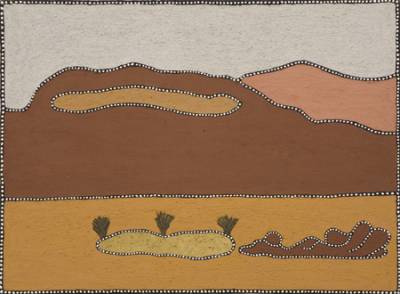 Australian Indigenous (Aboriginal and Torres Strait Islander) artwork by MARIKA MUNG of Warmun Artists. The title is Yullowardo Country. [WAC 055/08] (Natural Ochre and Pigments on Canvas)