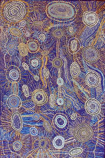 Australian Indigenous (Aboriginal and Torres Strait Islander) artwork by JOY NANGALA BROWN of Warlukurlangu Artists (Yuendumu). The title is Yumari Jukurrpa (Yumari Dreaming). [767/12ny] (Acrylic on Belgian Linen)
