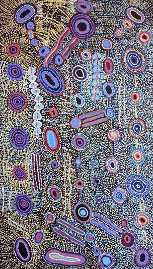 Australian Indigenous (Aboriginal and Torres Strait Islander) artwork by JOY NANGALA BROWN of Warlukurlangu Artists (Yuendumu). The title is Yumari Jukurrpa (Yumari Dreaming). [781/12ny] (Acrylic on Belgian Linen)