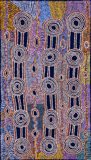 Australian Indigenous (Aboriginal and Torres Strait Islander) artwork by JOY NANGALA BROWN of Warlukurlangu Artists (Yuendumu). The title is Yumari Jukurrpa (Yumari Dreaming). [581/09] (Acrylic on Canvas)