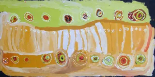 Australian Indigenous (Aboriginal and Torres Strait Islander) artwork by NOLA YURNANGURNU CAMPBELL of Warakurna Artists. The title is Yunpalara. [73-18] (Acrylic on Canvas)