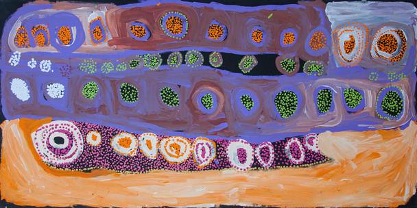Australian Indigenous (Aboriginal and Torres Strait Islander) artwork by NOLA YURNANGURNU CAMPBELL of Warakurna Artists. The title is Yunpalara. [150-18] (Acrylic on Canvas)