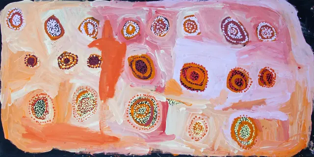 Australian Indigenous (Aboriginal and Torres Strait Islander) artwork by NOLA YURNANGURNU CAMPBELL of Warakurna Artists. The title is Yunpalara. [167-18] (Acrylic on Canvas)
