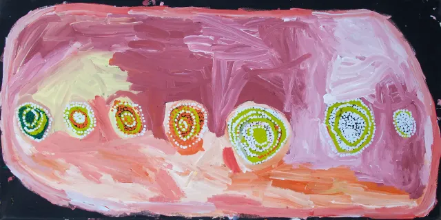 Australian Indigenous (Aboriginal and Torres Strait Islander) artwork by NOLA YURNANGURNU CAMPBELL of Warakurna Artists. The title is Yunpalara. [168-18] (Acrylic on Canvas)