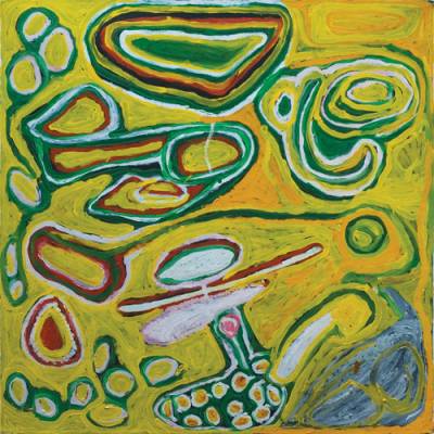 Australian Indigenous (Aboriginal and Torres Strait Islander) artwork by NORA NUNGABAR of Martumili Artists. The title is Yurla Jukurrpa. [08-884] (Acrylic on Canvas)