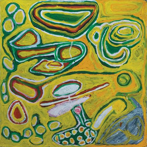 Australian Indigenous (Aboriginal and Torres Strait Islander) artwork by NORA NUNGABAR of Martumili Artists. The title is Yurla Jukurrpa. [08-884] (Acrylic on Canvas)