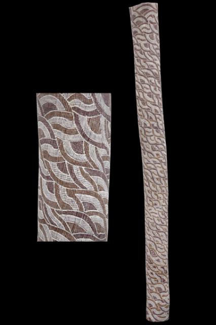 Australian Indigenous (Aboriginal and Torres Strait Islander) artwork by DHURRUMUWUY MARIKA of Buku-Larrnggay Mulka (Yirrkala). The title is Yuta Rulyapa. [3631X] (Natural Earth Pigments on Hollow Trunk)