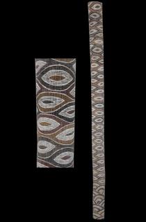Australian Indigenous (Aboriginal and Torres Strait Islander) artwork by DHURRUMUWUY MARIKA of Buku-Larrnggay Mulka (Yirrkala). The title is Yuta Rulyapa. [3640W] (Natural Earth Pigments on Hollow Trunk)
