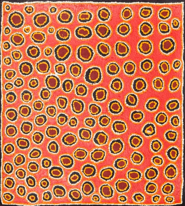 Australian Indigenous (Aboriginal and Torres Strait Islander) artwork by RUBILEE NAPURRULA of Papunya Tula Artists. The title is Yuwalki. [RN0710210] (Acrylic on Linen)
