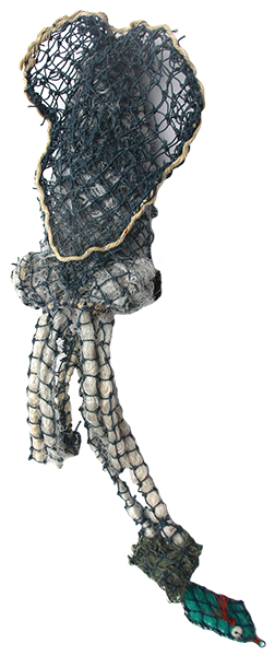Australian Indigenous (Aboriginal and Torres Strait Islander) artwork by JIMMY JOHN THAIDAY of Erub Erwer Meta. The title is Zeck. [16-130] (Ghost Nets, Plastic Trellis, Rope & Twine)