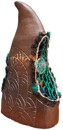 Australian Indigenous (Aboriginal and Torres Strait Islander) artwork by ELLAROSE SAVAGE of Erub Erwer Meta. The title is Zeuber - Waves in the Bright Morning Light. [15-159] (Ceramic - Woodfired RSF with Ghost Net)