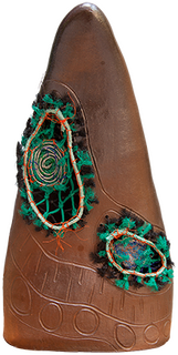 Australian Indigenous (Aboriginal and Torres Strait Islander) artwork by ELLAROSE SAVAGE of Erub Erwer Meta. The title is Zeuber - Waves in the Bright Morning Light. [15-163] (Ceramic - Woodfired RSF with Ghost Net)