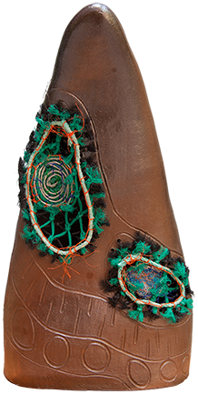 Australian Indigenous (Aboriginal and Torres Strait Islander) artwork by ELLAROSE SAVAGE of Erub Erwer Meta. The title is Zeuber - Waves in the Bright Morning Light. [15-163] (Ceramic - Woodfired RSF with Ghost Net)